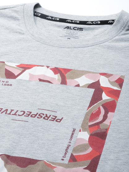 Alcis Men Grey Melange Typography Printed Slim Fit Gym T-shirt