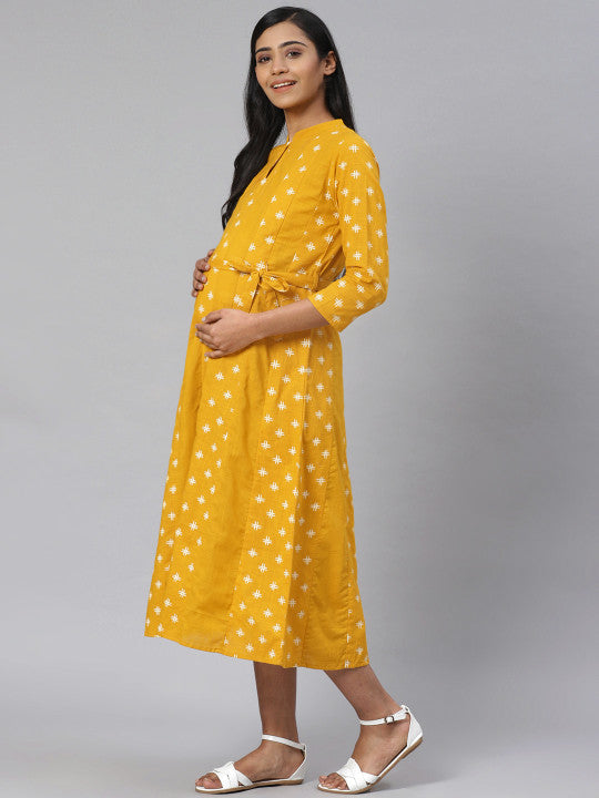 Anayna Women Mustard Yellow & Off-White Printed Pure Cotton Maternity A-Line Dress