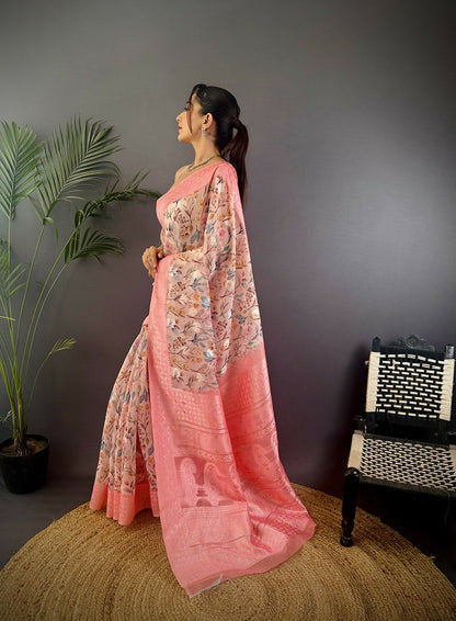 Joban Fashion Rose Pink Floral Motifs Banarasi Silk Sarees
