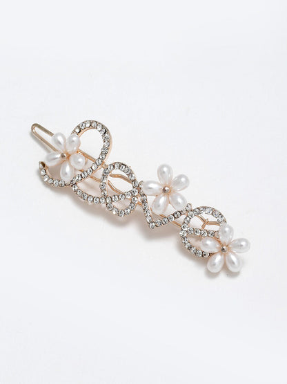 Panash Women Gold-Toned & White Cz-Studded & Beaded Love Hair Pin