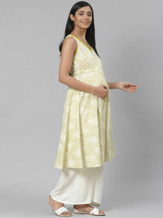 Anayna Women Green & Off-White Ethnic Motif Pure Cotton Printed Anarkali Kurta