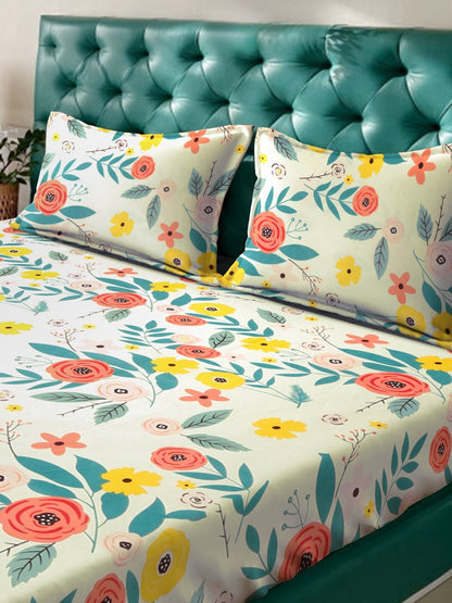 KLOTTHE White & Grey Floral Print 300 TC Fitted Double King Bedsheet With 2 Pillow Covers