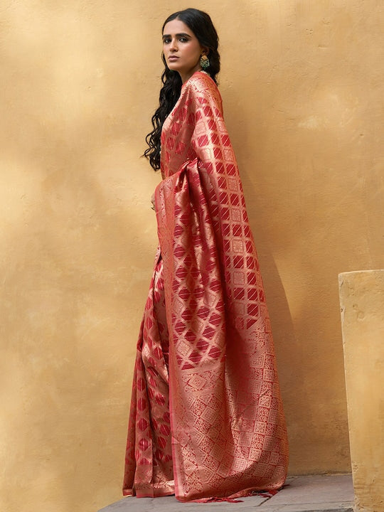 Janasya Red & Gold-Toned Ethnic Motifs Woven Design Zari Organza Kanjeevaram Saree