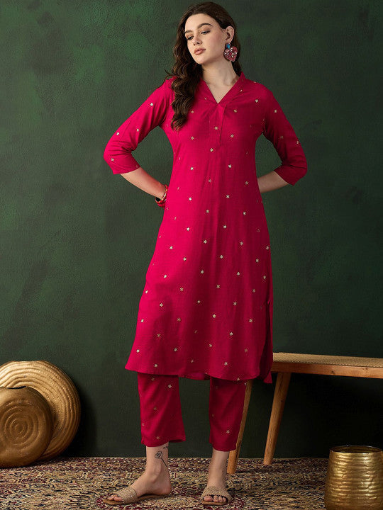 Sangria Pink Floral Printed V-Neck Straight Kurta With Trousers