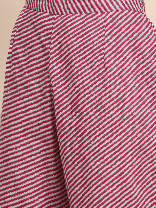 Anayna Women Pink & White Leheriya Printed Pure Cotton Kurta with Trousers & Dupatta