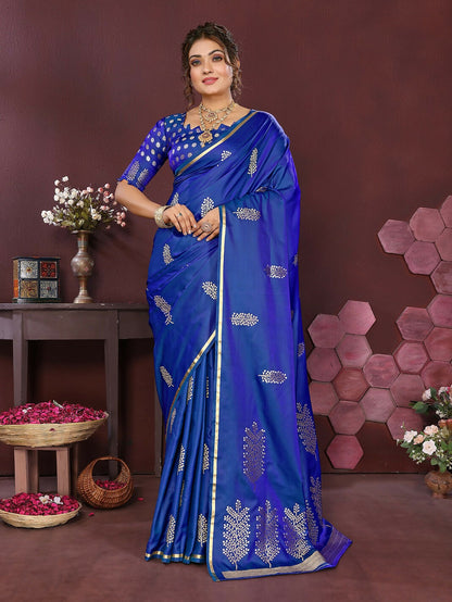 Joban Fashion Royal Blue Floral Motifs Banarasi Silk Sarees