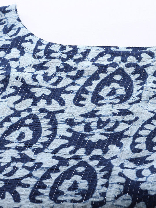 Anayna Women Navy Blue & White Printed Straight Kurta