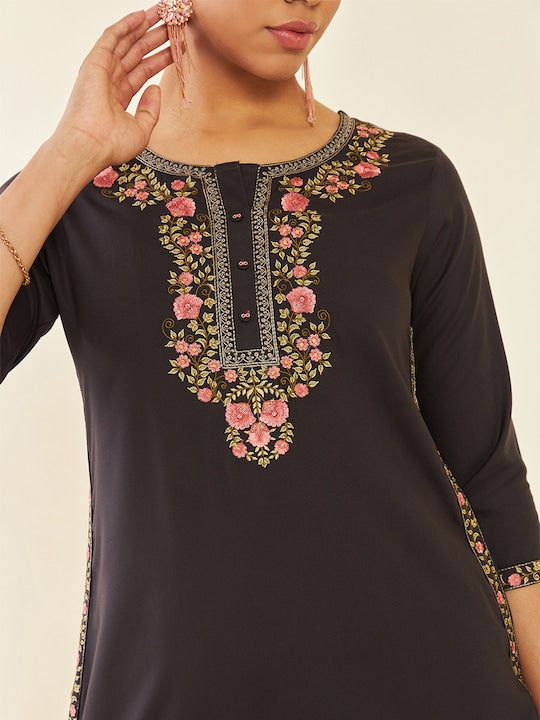 Soch Charcoal Floral Embroidered Straight Kurta