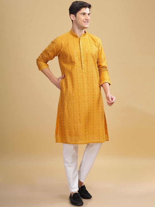 Anouk Yellow Ethnic Embroidered Mandarin Collar Sequinned Lucknowi Cotton Straight Kurta