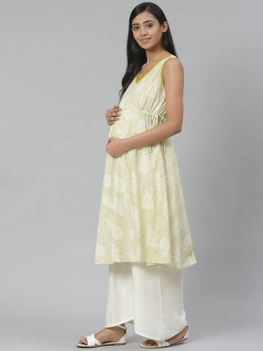 Anayna Women Green & Off-White Ethnic Motif Pure Cotton Printed Anarkali Kurta