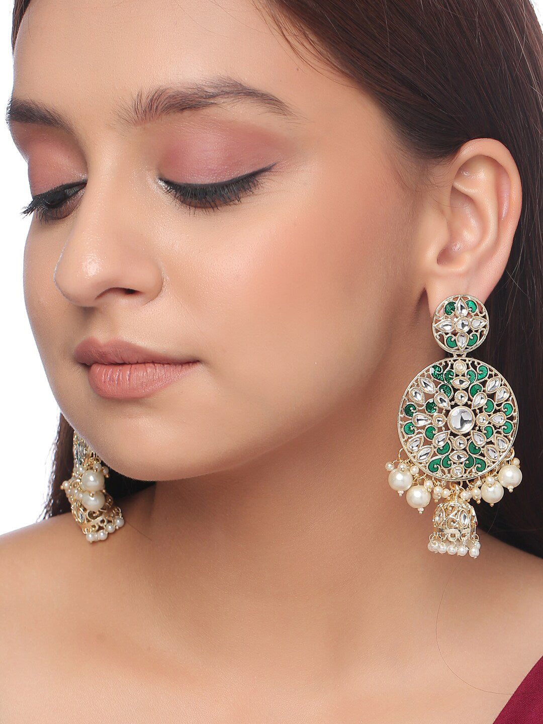 Shoshaa Green & Gold-Polished Kundan Studded Contemporary Jhumkas Earrings
