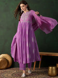 Sangria Lavender Printed Notch Neck Georgette A-Line Kurta With Trouser & Dupatta Set