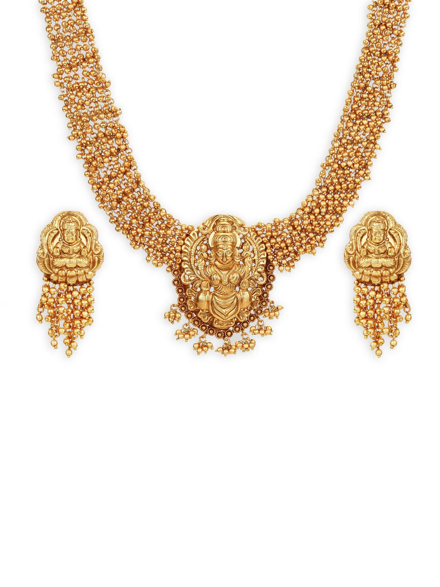 Gold-Polished Pearls Beaded Temple Jewellery Set - Ruby Raang