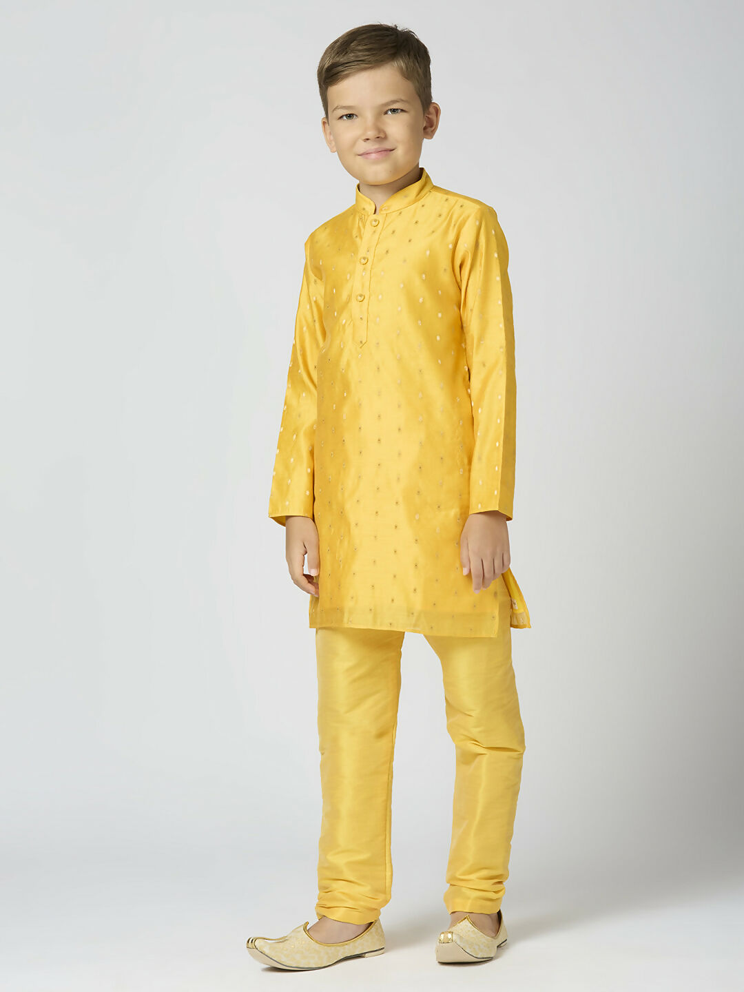 Joban Fashion Kids Island Full Sleeves Chanderi Kurta, Pyjama Set with Traditional Butta Work - Yellow