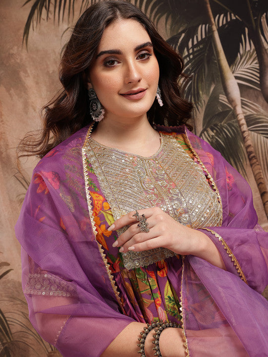 Sangria Floral Print Gotta Patti Kurta with Sharara & Dupatta