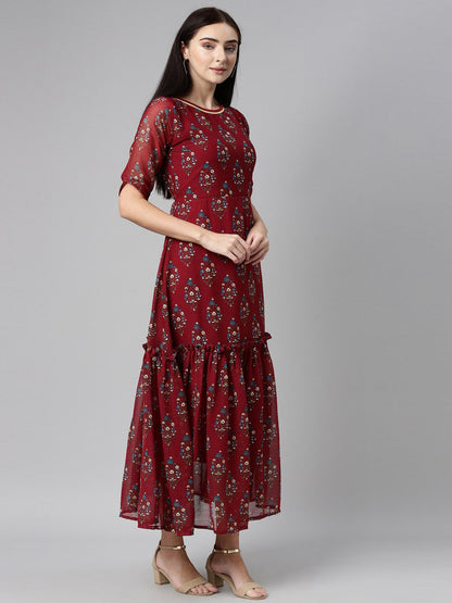 Souchii Floral Printed Boat Neck Chiffon Maxi Dress