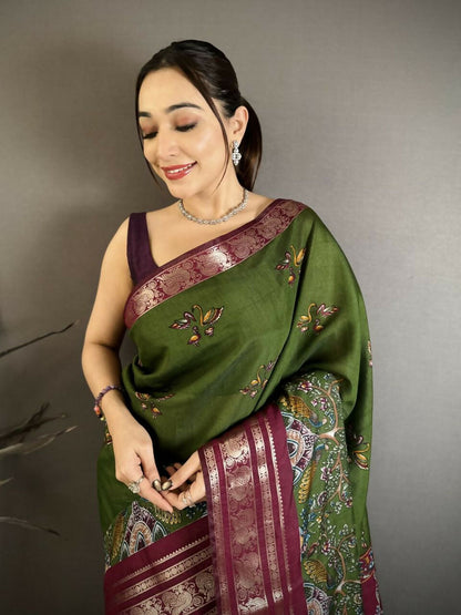 Prime Volt Premium Viscose Silk Kalamkari Saree with Peacock Zari Border & Bandhani Blouse-Green