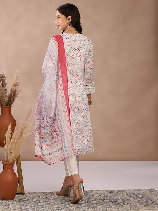 Fabmora Women Printed Regular Pure Cotton Kurta with Trousers & With Dupatta