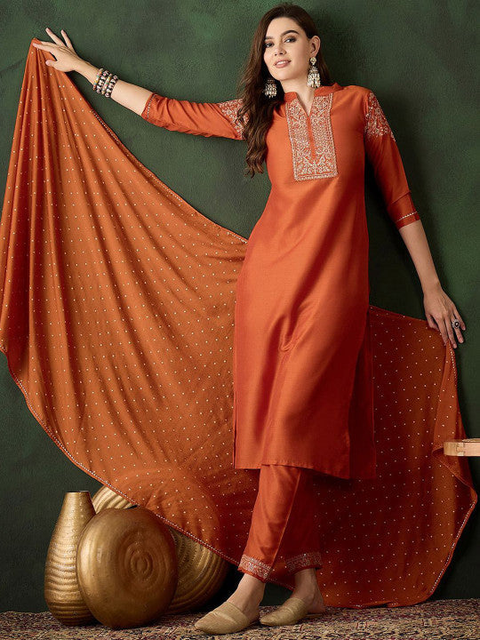 Sangria Zari Sequence Embroidered Straight Kurta & Trouser With Dupatta