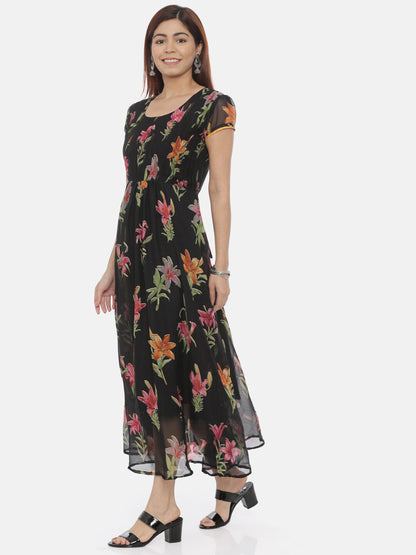 Souchii Round Neck Floral Printed Chiffon Maxi Dress