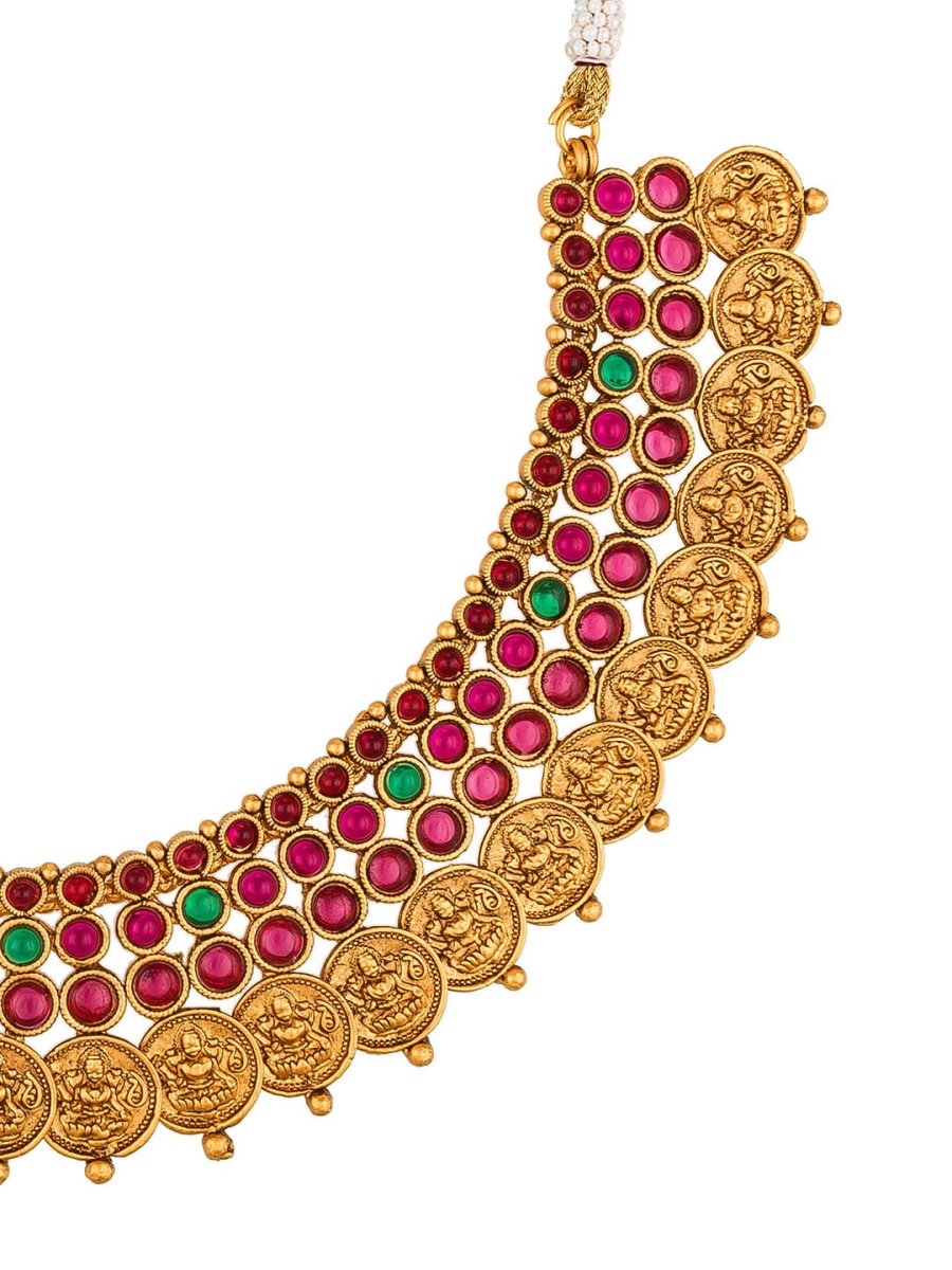 Aadita Gold-Polished & Pink Stone Studded Handcrafted Jewellery Set