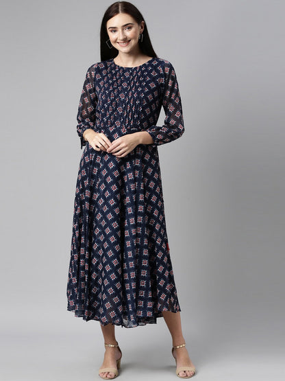 Souchii Blue & Red Ethnic Motifs Printed Chiffon Fit & Flare Midi Dress