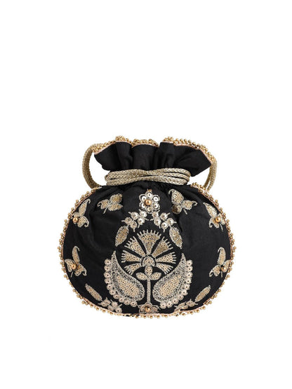 Masq Black & Gold-Toned Embroidered Potli Clutch