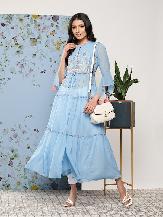Juniper Floral Embroidered Tiered Front Slit A-Line Kurta with Tie-Up Detail
