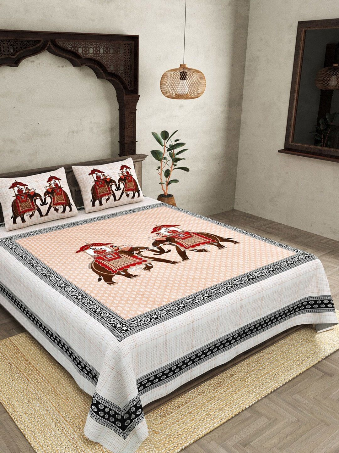 JAIPUR FABRIC Peach Ethnic Motifs Cotton 250 TC Super King Bedsheet With 2 Pillow Covers