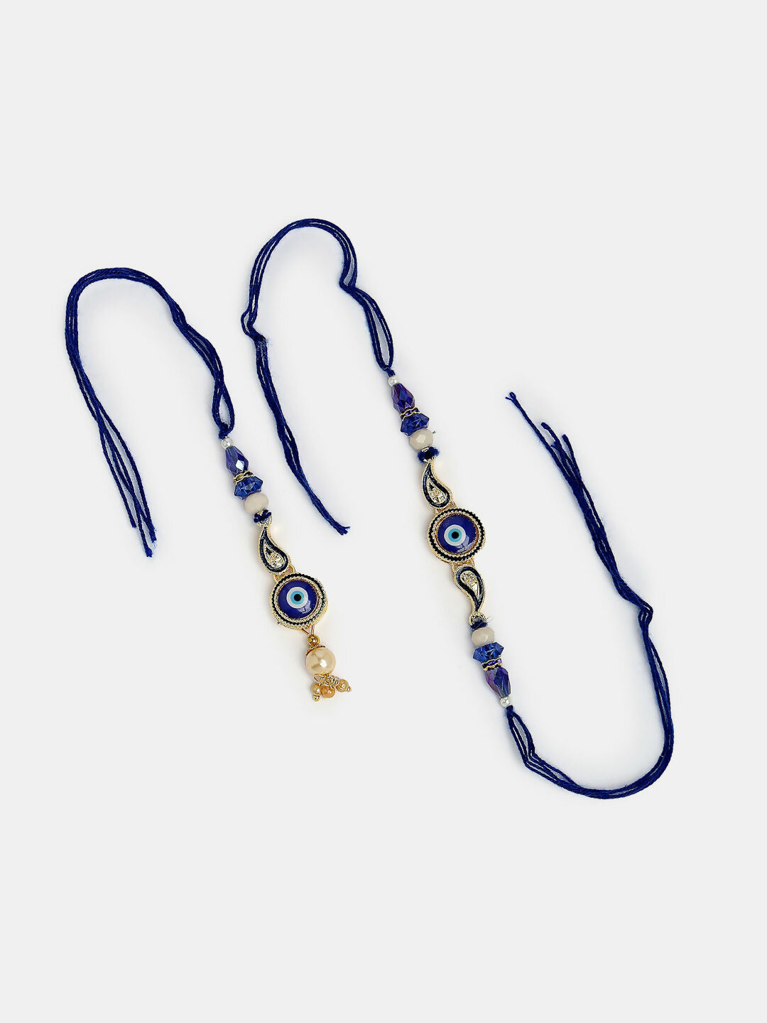 NVR Women & Men Set of 2 Blue Evil Eye Beaded Bhaiya Bhabhi Rakhi With Roli Chawal