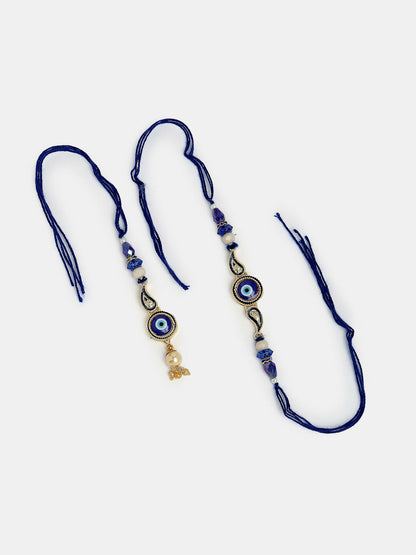 NVR Women & Men Set of 2 Blue Evil Eye Beaded Bhaiya Bhabhi Rakhi With Roli Chawal