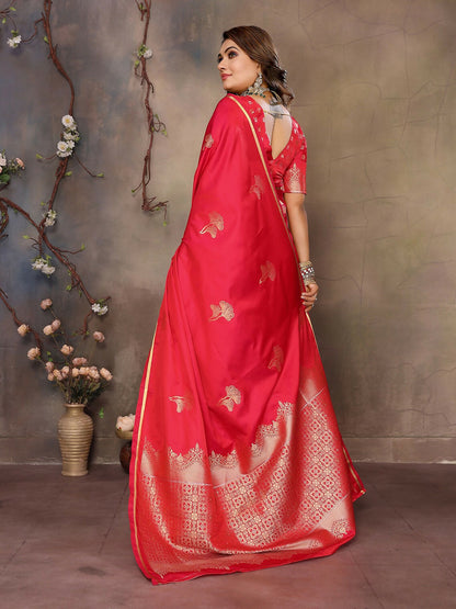 Joban Fashion Red Floral Motifs Banarasi Silk Sarees
