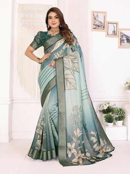Joban Fashion Teal Floral Print pattern Banarasi Silk Sarees
