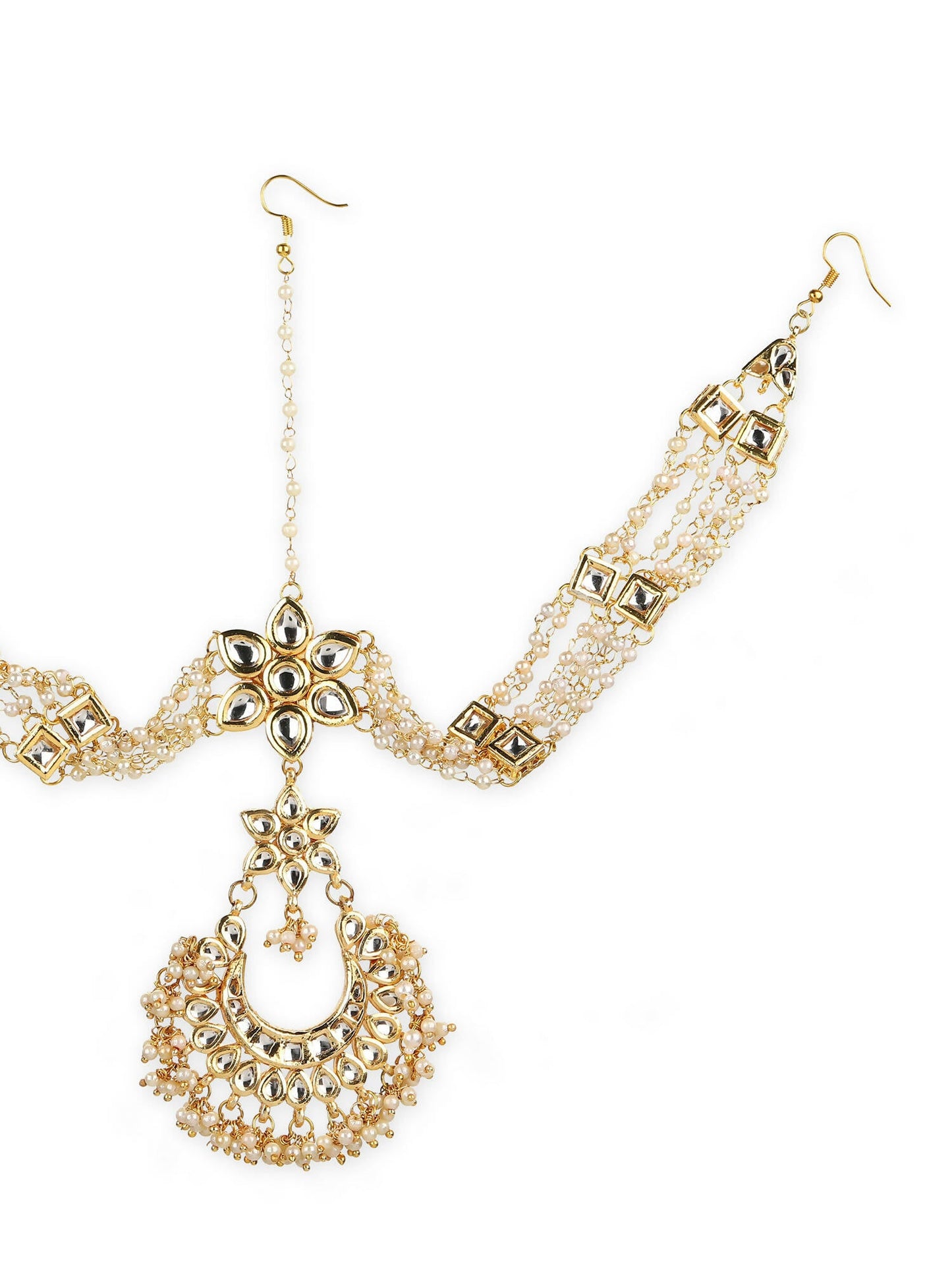 Gold-Polished White Kundan-Studded Pearl Beaded Matha Patti - Ruby Raang