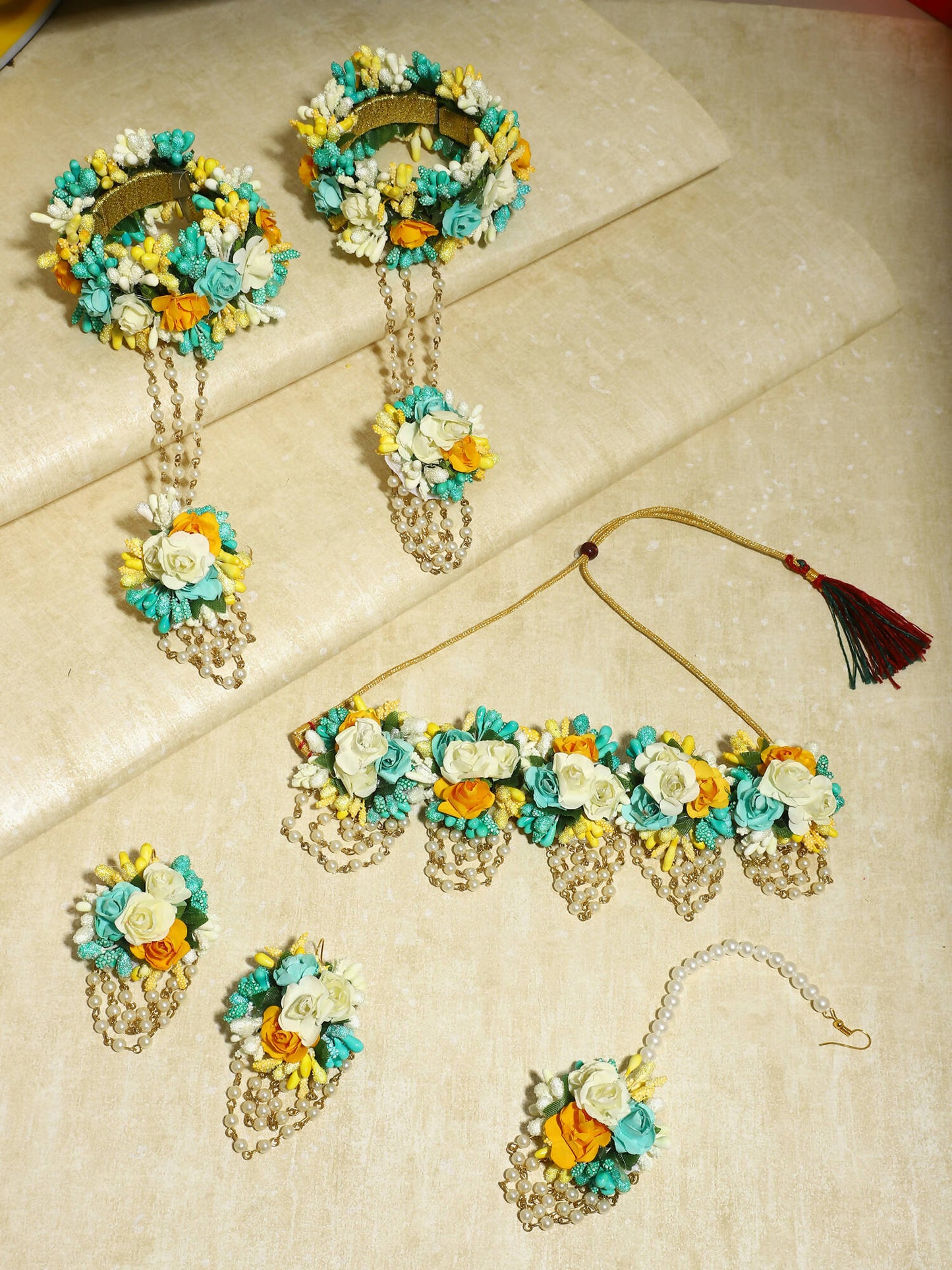 Flower Jewellery Gold-Polished Turquoise Blue Floral Jewellery Set - Ruby Raang