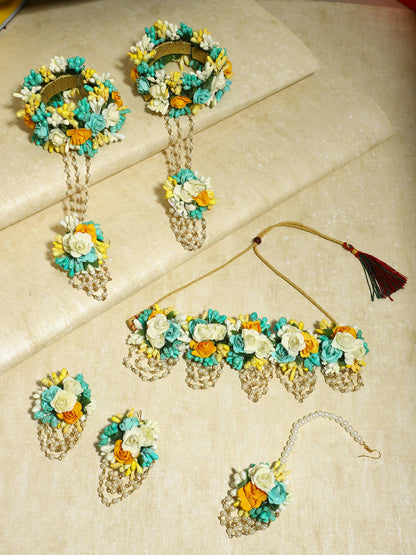 Flower Jewellery Gold-Polished Turquoise Blue Floral Jewellery Set - Ruby Raang