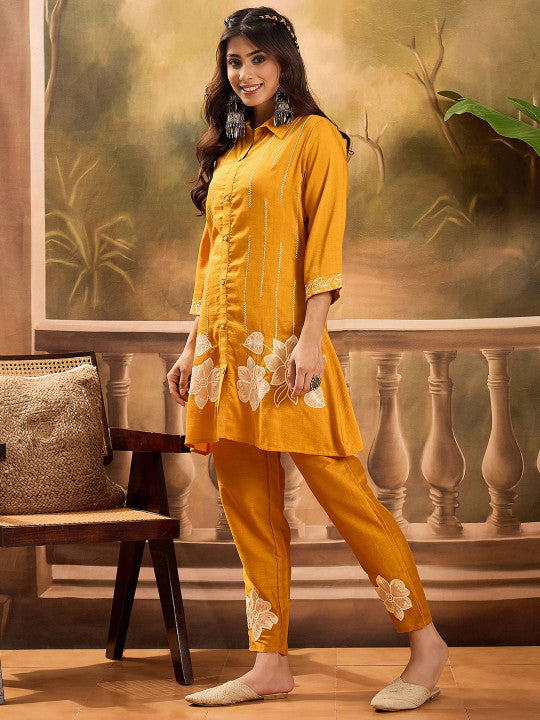 Sangria Embroidered Shirt Collar Neck Tunic With Trouser Co-Ords