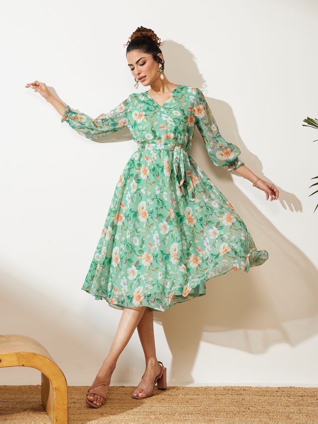 Janasya Mint Fit & Flare Chiffon Dress