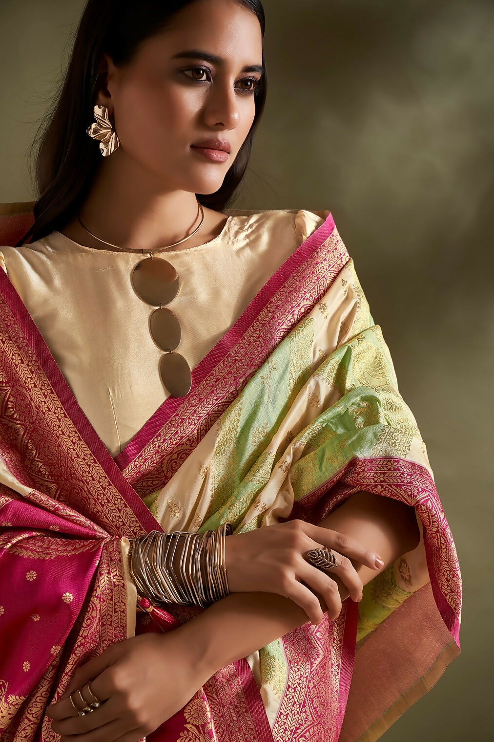 Joban Fashion Cream & Sea Green Plain With Weaving Border Banarasi Silk Sarees