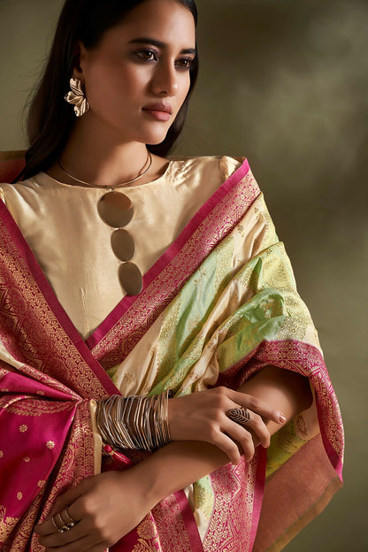 Joban Fashion Cream & Sea Green Plain With Weaving Border Banarasi Silk Sarees