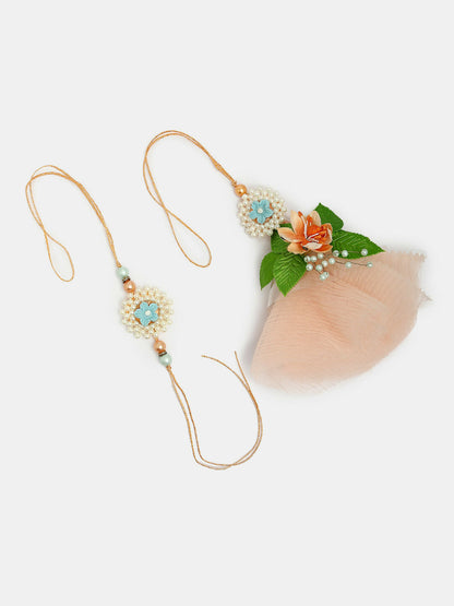 NVR Women & Men Set of 2 Peach Floral Design Pearl Beaded Bhaiya Bhabi Rakhi With Roli Chawal