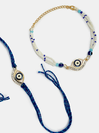 NVR Women & Men Set of 2 Blue Evil Eye Bhaiya Bhabhi Rakhi Set With Roli Chawal