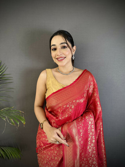 Joban Fashion Red Floral & Paisley Motifs Soft Satin Silk Banarasi Saree