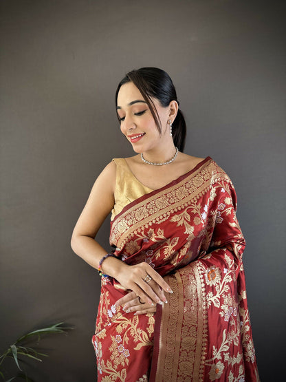 Joban Fashion Maroon Floral & Ethnic Motifs Design Soft Silk Meenakari Banarasi Saree