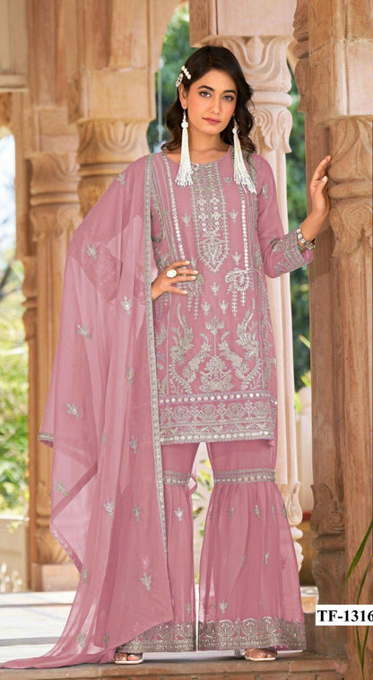 Anaita Pink Nylon Organza Suit With Embroidery & Mirror Work