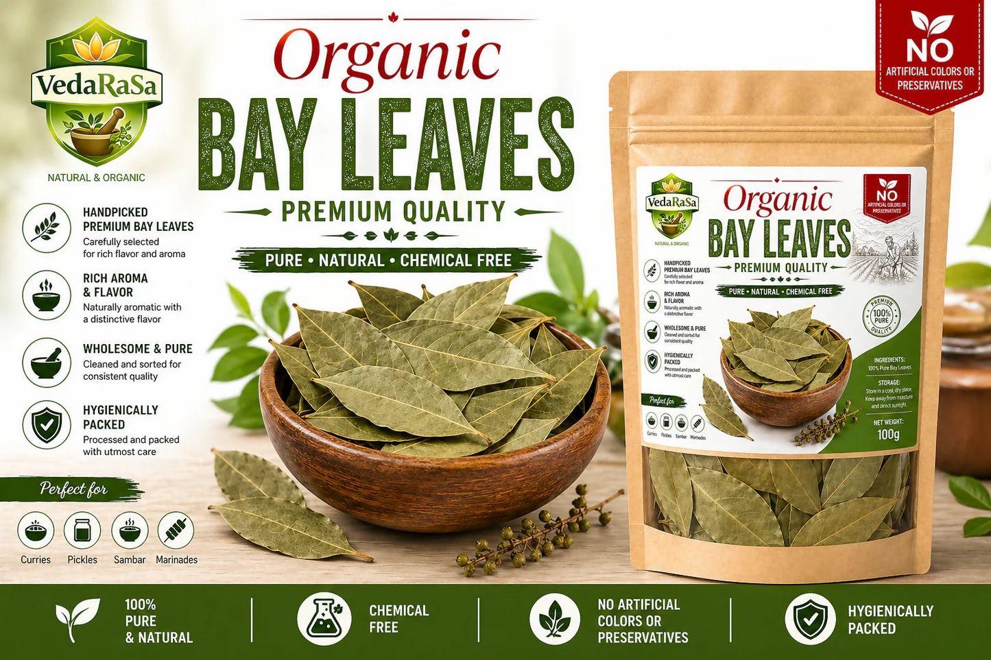 VedaRasa Organic Bay Leaves Premium Quality