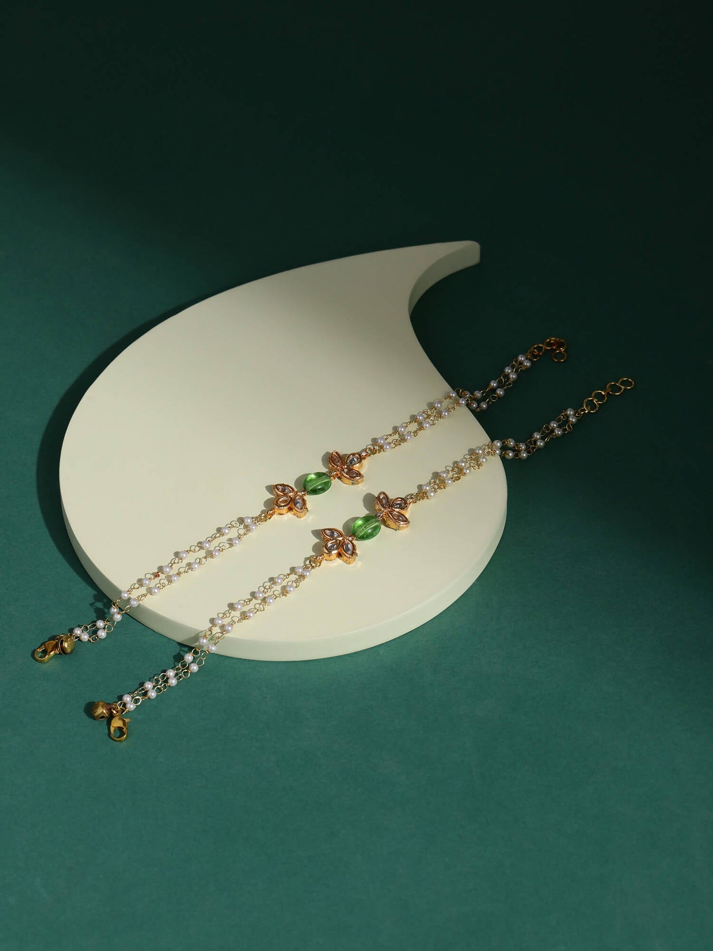 Gold-Polished Green White Kundan Beads Anklet Set Of 2 - Ruby Raang