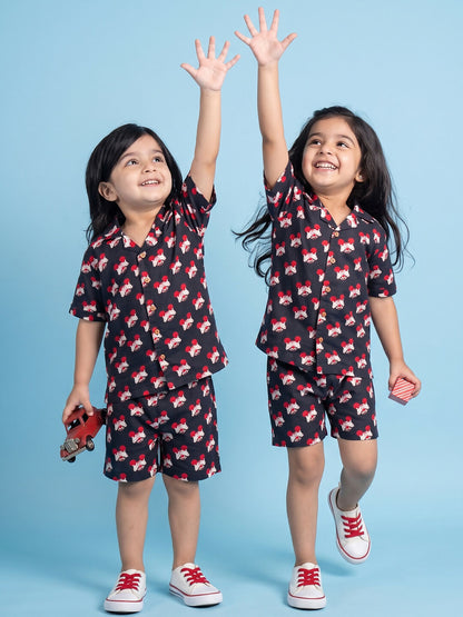 Breathables Woven Cotton Half Sleeves Mickey Mouse Shirt & Shorts Black
