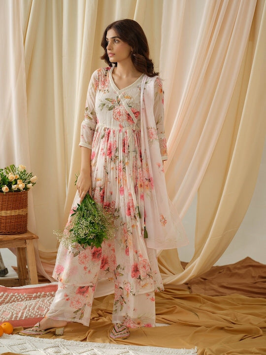 House of Pataudi Floral Printed V-Neck Empire A-Line Kurta and Trousers With Dupatta