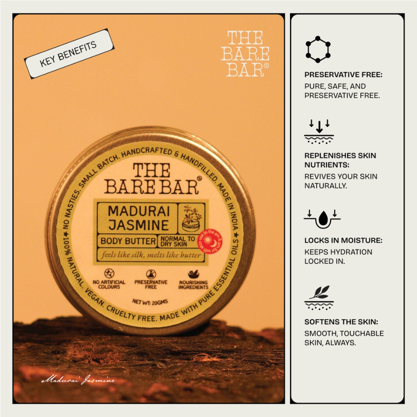 The Bare Bar Madurai Jasmine Body Butter - Floral Moisturizer For Smooth, Radiant Skin